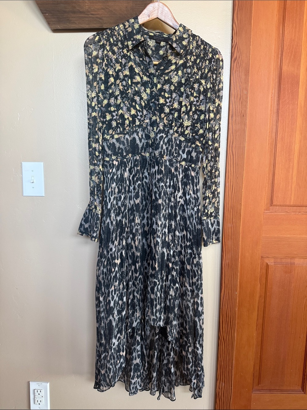 AllSaints Black and Yellow Floral-Leopard Long Sleeve Maxi Dress